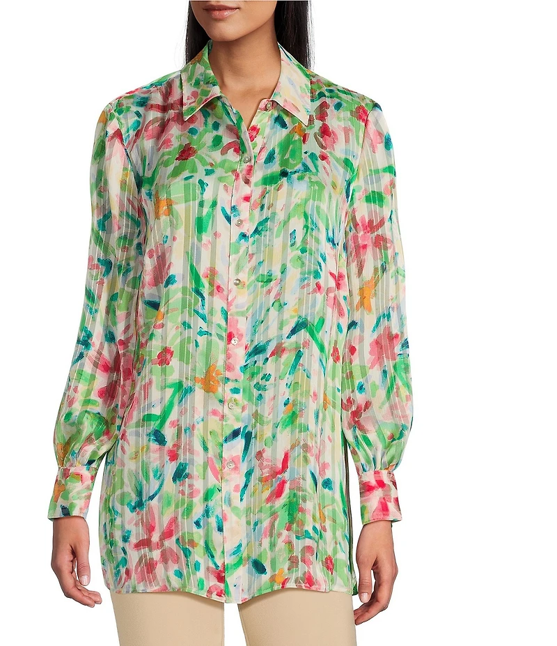 Investments Petite Size Woven Multi Airbrush Floral Long Sleeve Point Collar Button Front Top