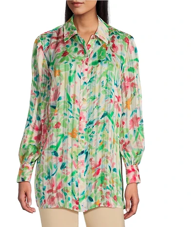 Investments Petite Size Woven Multi Airbrush Floral Long Sleeve Point Collar Button Front Top