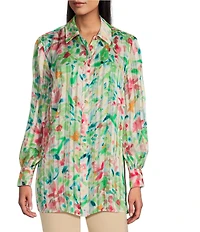 Investments Petite Size Woven Multi Airbrush Floral Long Sleeve Point Collar Button Front Top