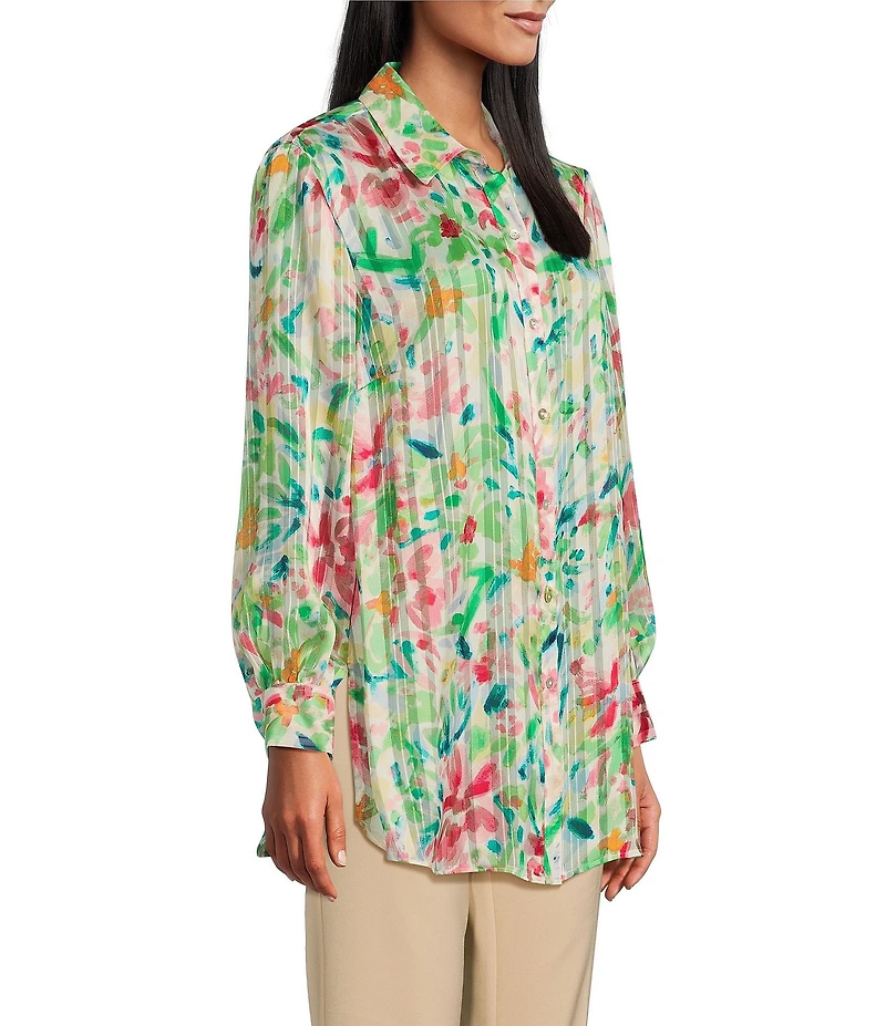 Investments Petite Size Woven Multi Airbrush Floral Long Sleeve Point Collar Button Front Top