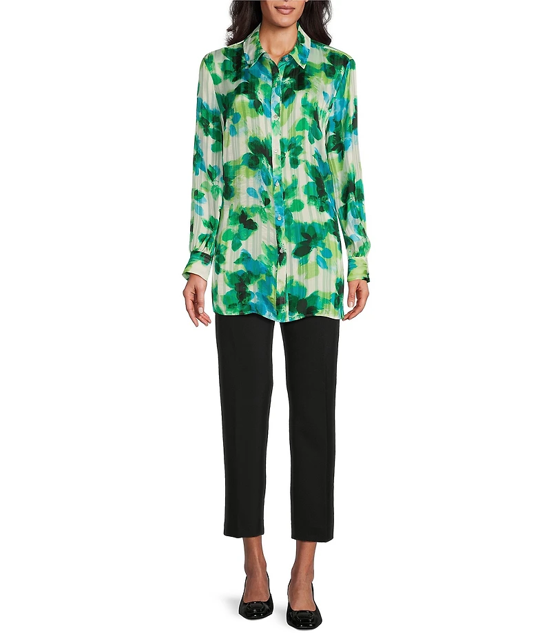 Investments Petite Size Woven Multi Layered Petals Long Sleeve Point Collar Button Front Top