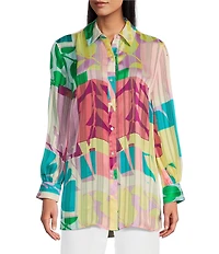 Investments Petite Size Woven Multi Patch Floral Long Sleeve Point Collar Button Front Top