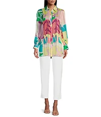 Investments Petite Size Woven Multi Patch Floral Long Sleeve Point Collar Button Front Top