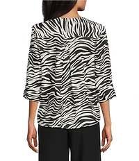 Investments Petite Size Zebra Print 3/4 Sleeve Split V-Neck Button Shirt