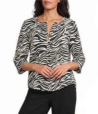 Investments Petite Size Zebra Print 3/4 Sleeve Split V-Neck Button Shirt