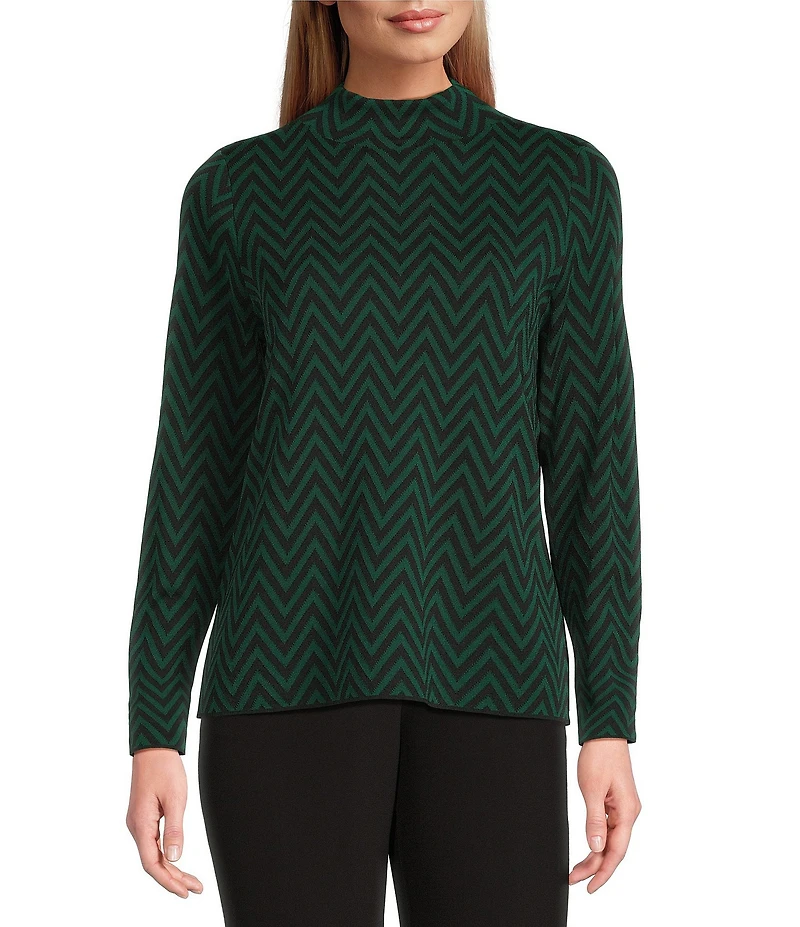 Investments Petite Size Zig-Zag Mock Neck Pullover Long Sleeves Top