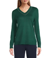 Investments Petite Size Solid Long Sleeve V-Neck Pullover Top