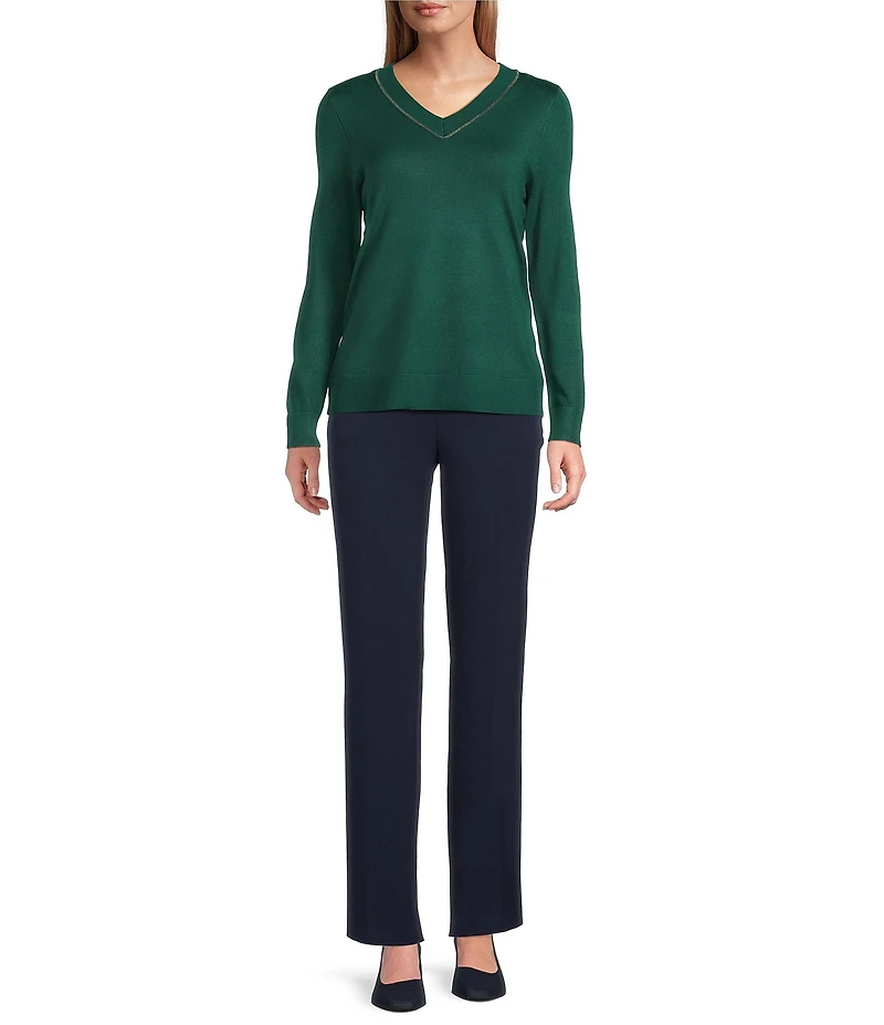 Investments Petite Size Solid Long Sleeve V-Neck Pullover Top
