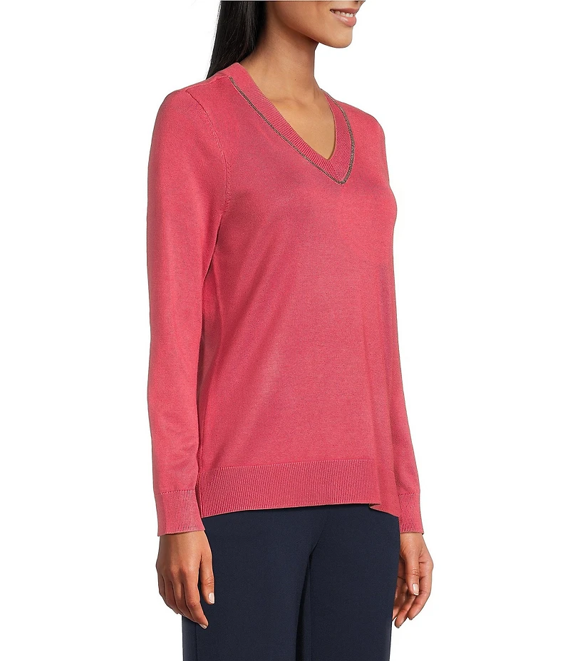 Investments Petite Size Solid Long Sleeve V-Neck Pullover Top