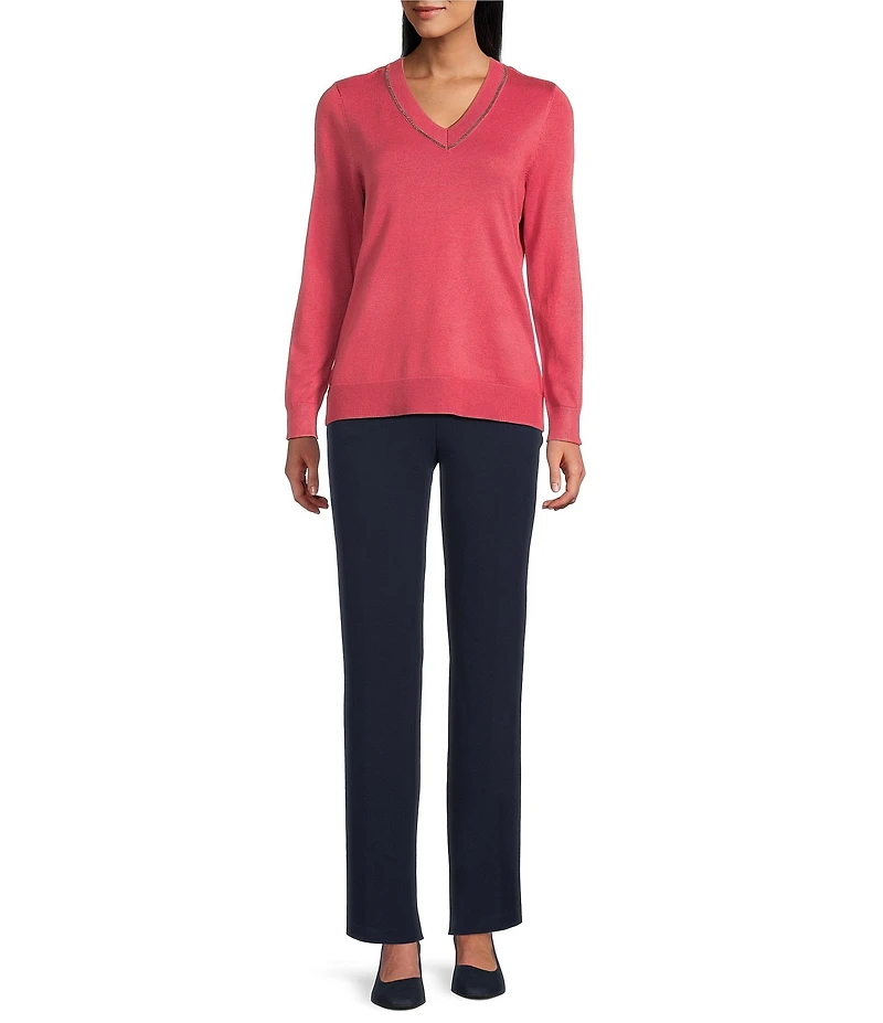 Investments Petite Size Solid Long Sleeve V-Neck Pullover Top