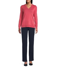 Investments Petite Size Solid Long Sleeve V-Neck Pullover Top