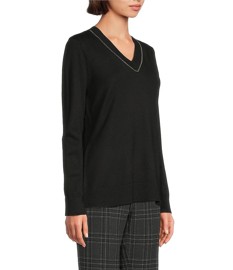 Investments Petite Size Solid Long Sleeve V-Neck Pullover Top