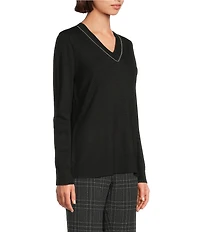 Investments Petite Size Solid Long Sleeve V-Neck Pullover Top