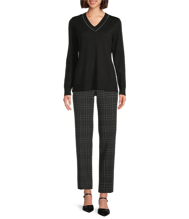 Investments Petite Size Solid Long Sleeve V-Neck Pullover Top