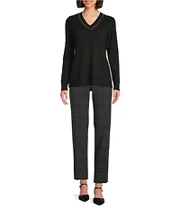 Investments Petite Size Solid Long Sleeve V-Neck Pullover Top