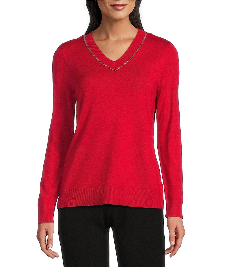 Investments Petite Size Solid Long Sleeve V-Neck Pullover Top
