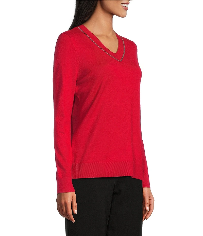 Investments Petite Size Solid Long Sleeve V-Neck Pullover Top