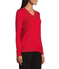 Investments Petite Size Solid Long Sleeve V-Neck Pullover Top