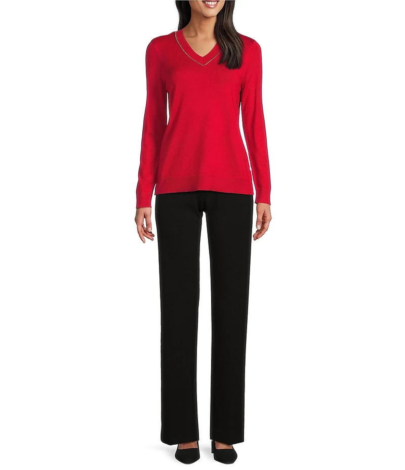 Investments Petite Size Solid Long Sleeve V-Neck Pullover Top