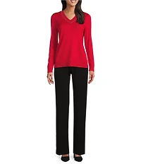 Investments Petite Size Solid Long Sleeve V-Neck Pullover Top