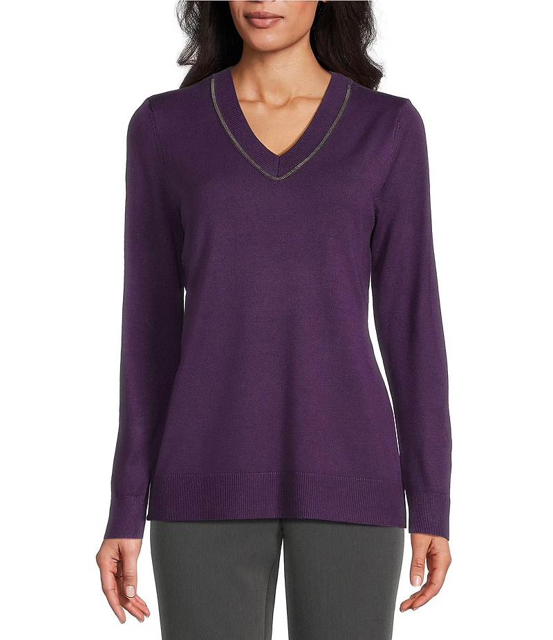 Investments Petite Size Solid Long Sleeve V-Neck Pullover Top