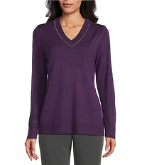 Investments Petite Size Solid Long Sleeve V-Neck Pullover Top