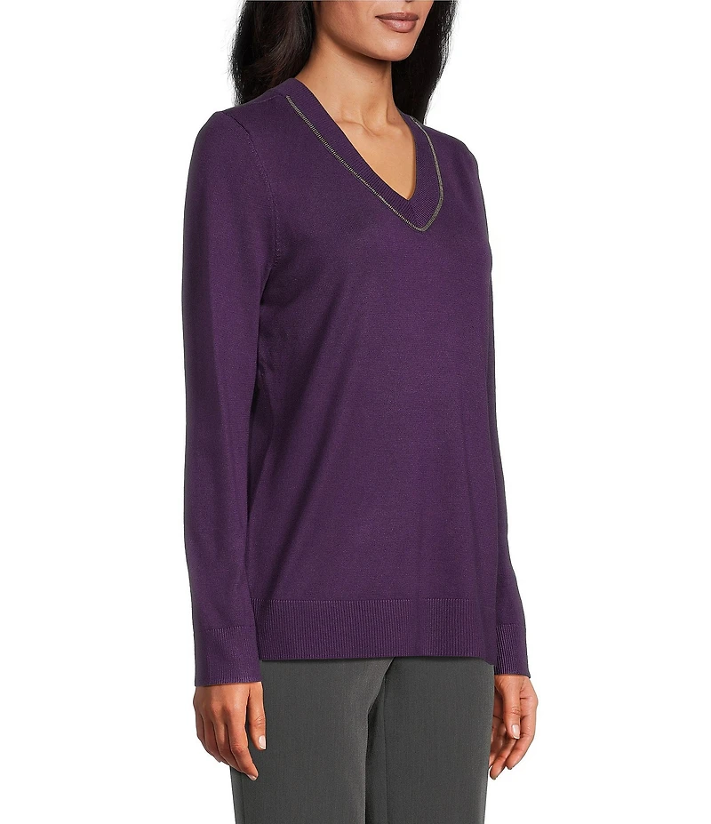 Investments Petite Size Solid Long Sleeve V-Neck Pullover Top
