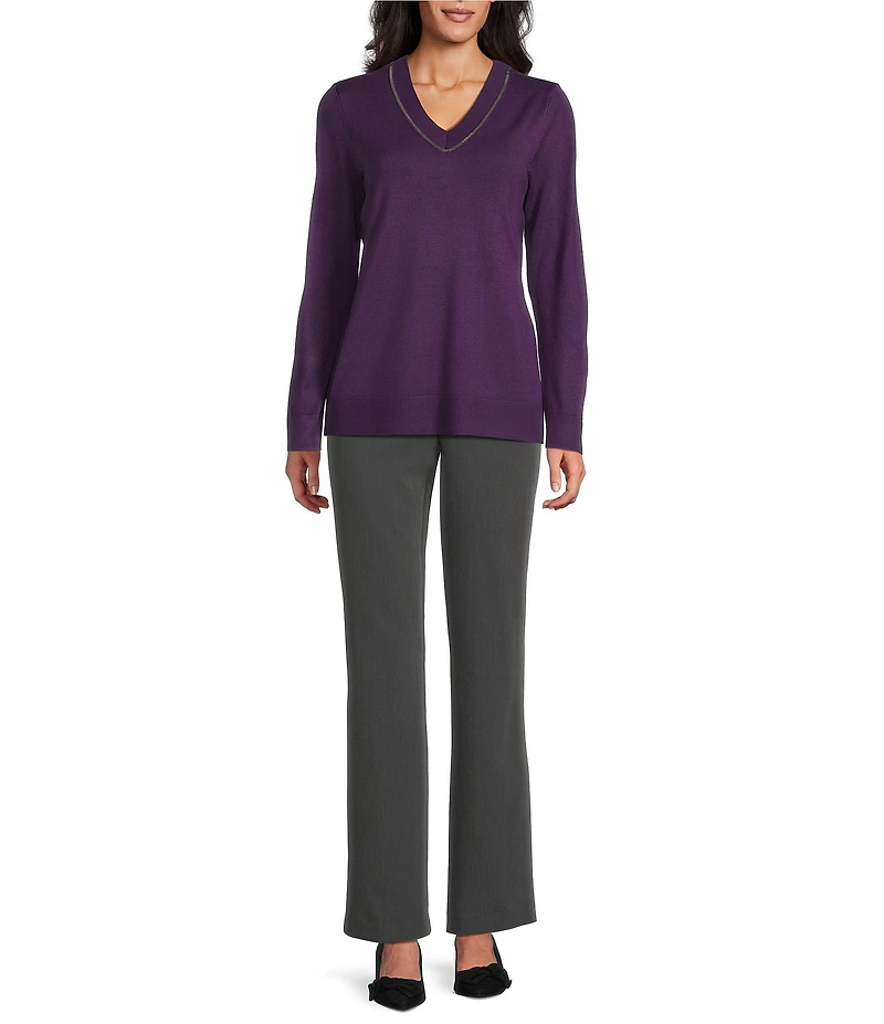 Investments Petite Size Solid Long Sleeve V-Neck Pullover Top