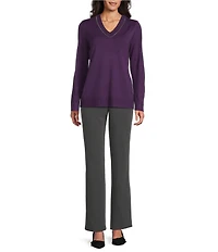 Investments Petite Size Solid Long Sleeve V-Neck Pullover Top