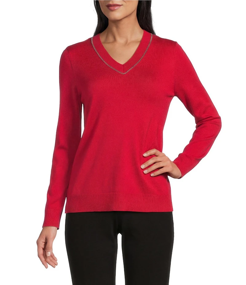 Investments Petite Size Solid Long Sleeve V-Neck Pullover Top