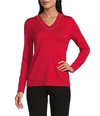 Investments Petite Size Solid Long Sleeve V-Neck Pullover Top