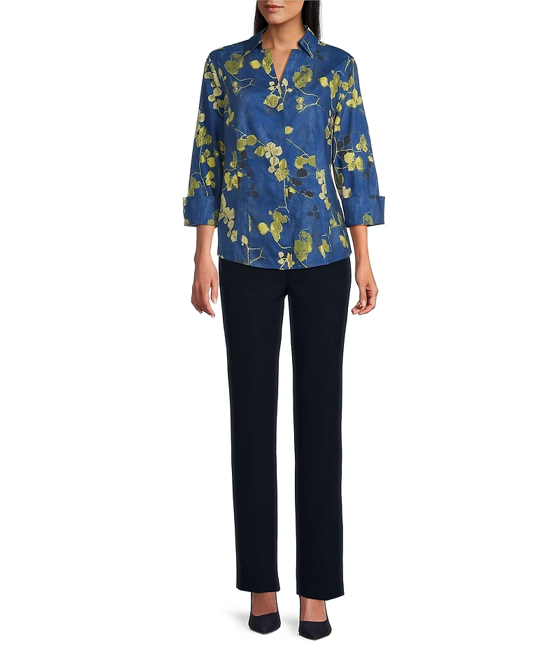 Investments Petite Taylor Gold Label Non-Iron Branched Blue Leaf 3/4 Sleeve Button Front Shirt
