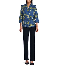 Investments Petite Taylor Gold Label Non-Iron Branched Blue Leaf 3/4 Sleeve Button Front Shirt