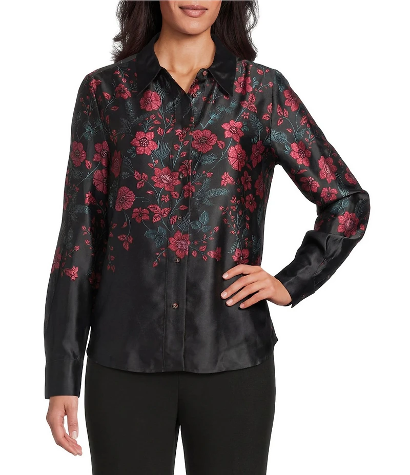 Investments Placed Floral Long Sleeve Point Collar Button Front Top