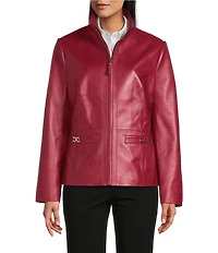 Investments Platinum Suiting Genuine Lamb Leather Stand Collar Zip Front Long Sleeve Jacket