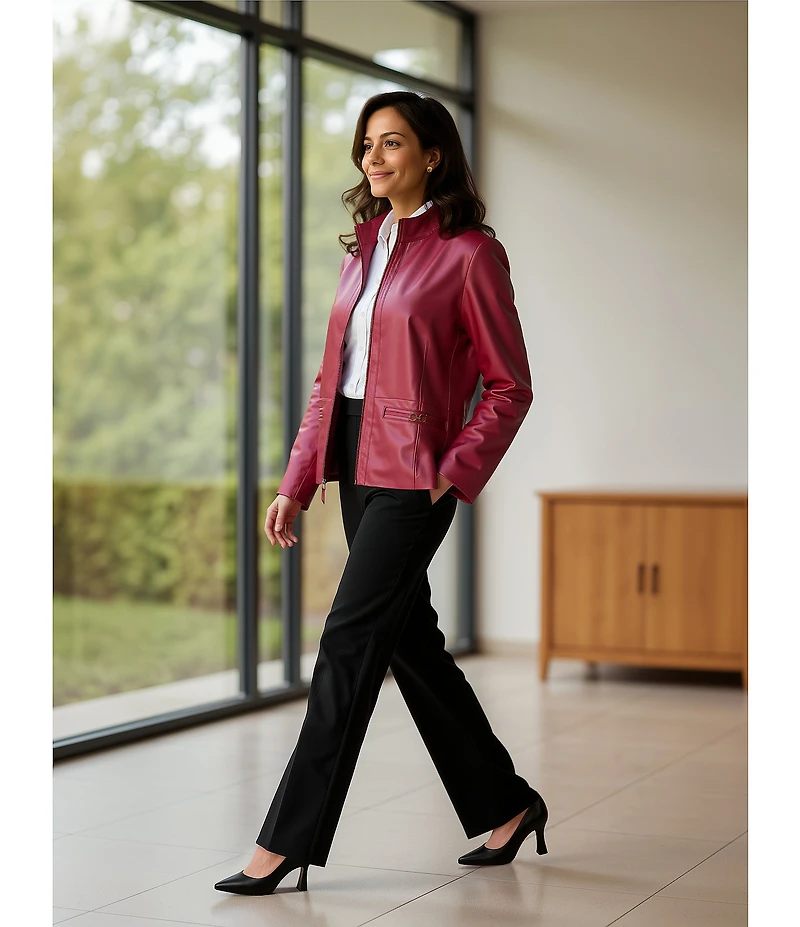 Investments Platinum Suiting Genuine Lamb Leather Stand Collar Zip Front Long Sleeve Jacket