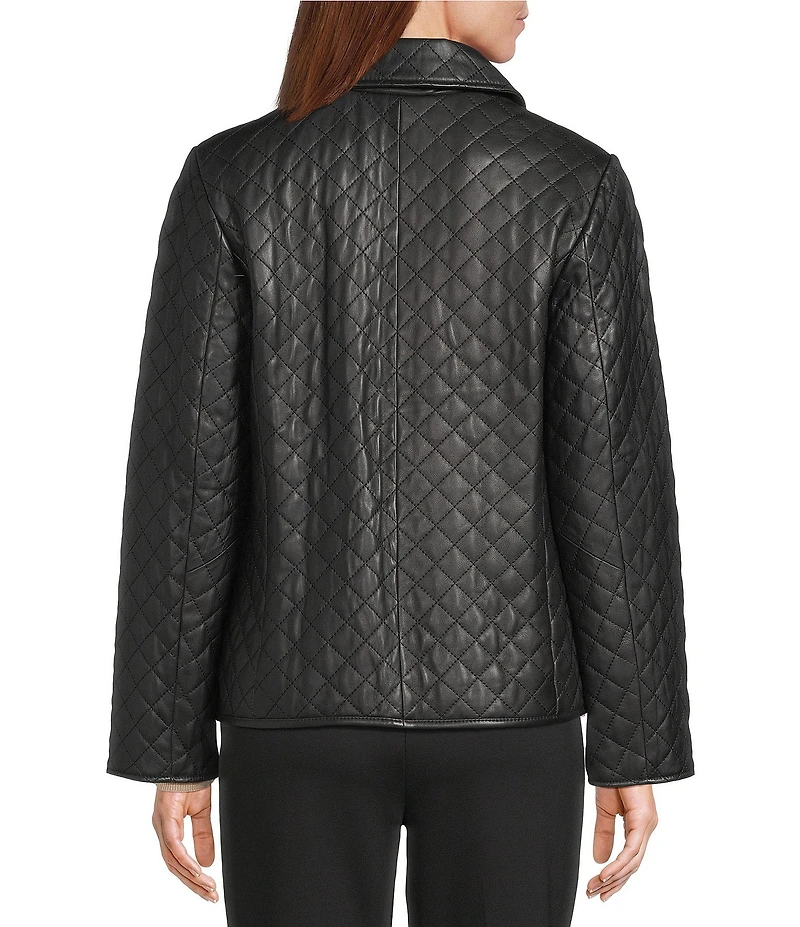 Investments Platinum Suiting Quilted Genuine Lamb Leather Point Collar Button Front Long Sleeve Jacket