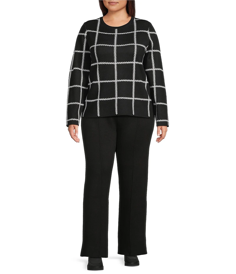 Investments Plus Black Checked Long Sleeve Crew Neck Pullover Top