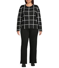 Investments Plus Black Checked Long Sleeve Crew Neck Pullover Top