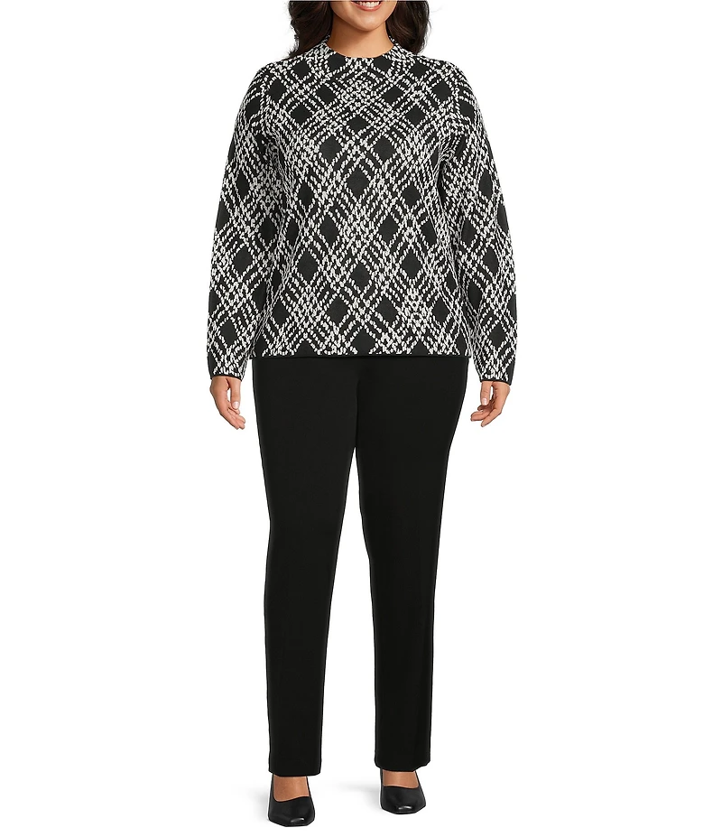 Investments Plus Black Plaid Mock Neck Pullover Long Sleeves Top
