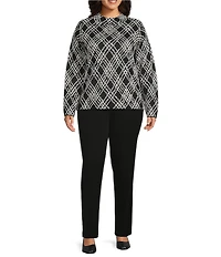 Investments Plus Black Plaid Mock Neck Pullover Long Sleeves Top