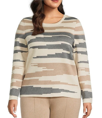 Investments Plus Broken Stripe Long Sleeve Crew Neck Pullover Top