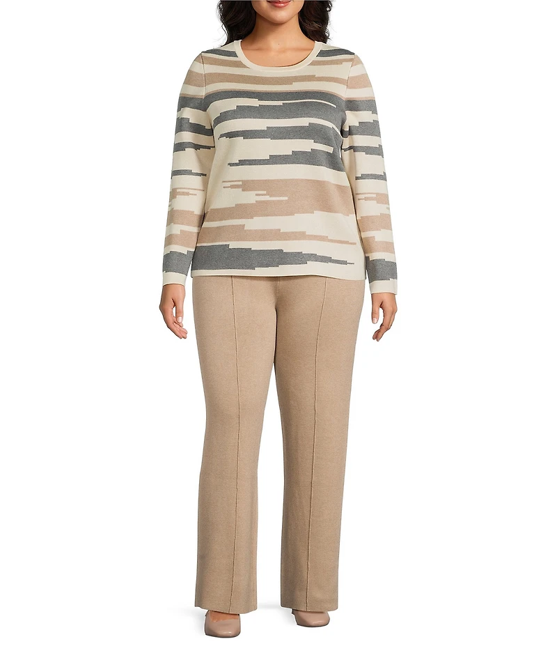 Investments Plus Broken Stripe Long Sleeve Crew Neck Pullover Top