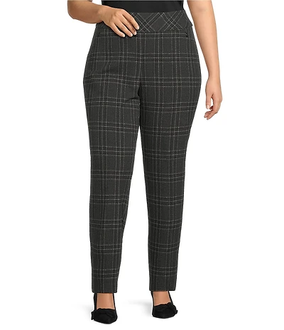 Investments Plus Charcoal Plaid the PARK AVE fit Stretch Front Pocketed Tummy Control Straight Leg Pants