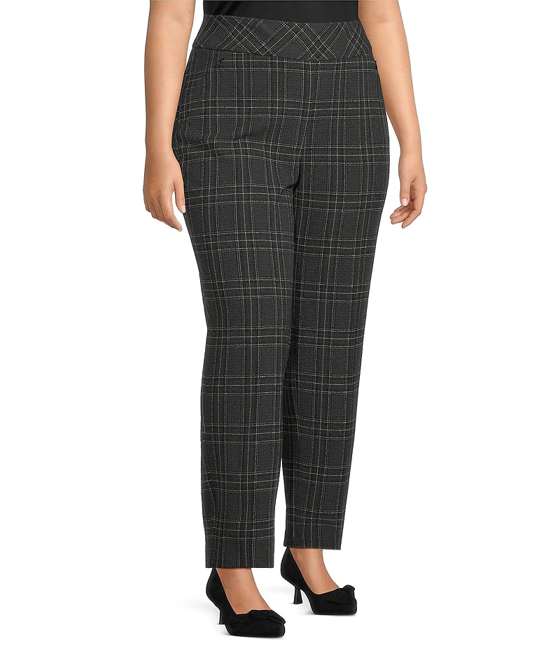 Investments Plus Charcoal Plaid the PARK AVE fit Stretch Front Pocketed Tummy Control Straight Leg Pants