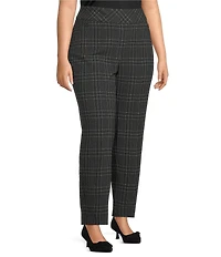 Investments Plus Charcoal Plaid the PARK AVE fit Stretch Front Pocketed Tummy Control Straight Leg Pants