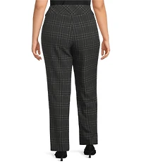 Investments Plus Charcoal Plaid the PARK AVE fit Stretch Front Pocketed Tummy Control Straight Leg Pants
