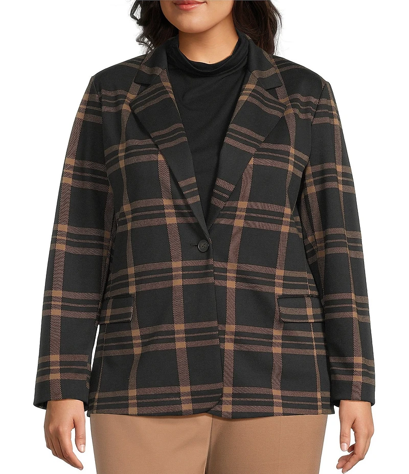 Investments Plus Large Windowpane Long Sleeve One Button Notch Lapel Blazer