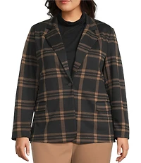 Investments Plus Large Windowpane Long Sleeve One Button Notch Lapel Blazer