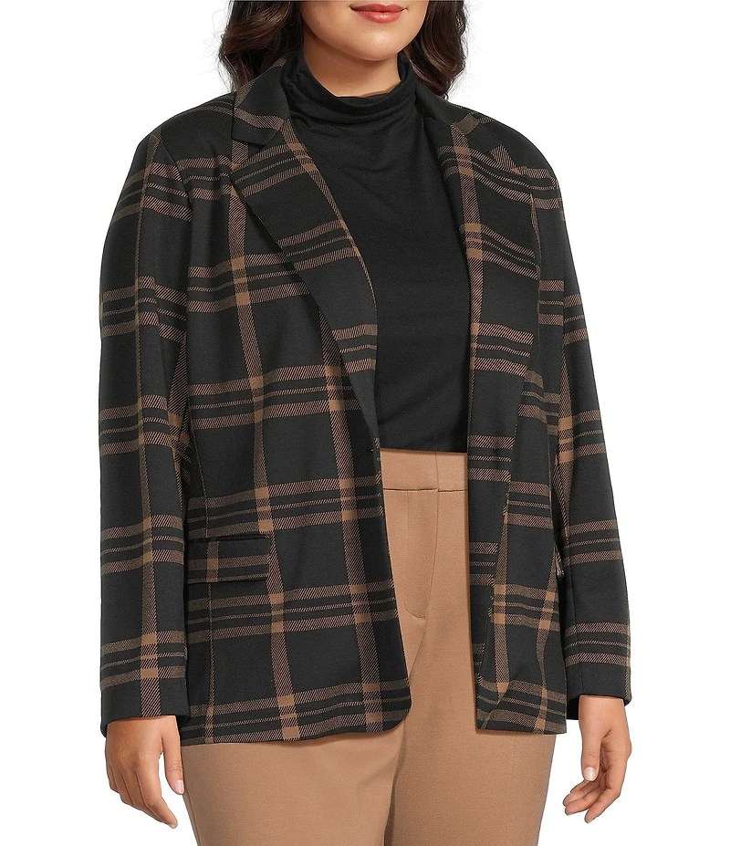 Investments Plus Large Windowpane Long Sleeve One Button Notch Lapel Blazer